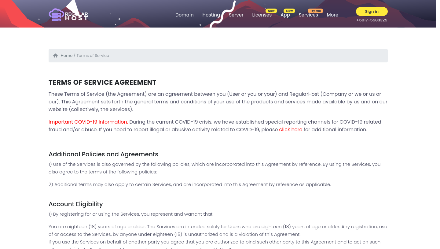 RegularHost Terms of Service evidence screenshot